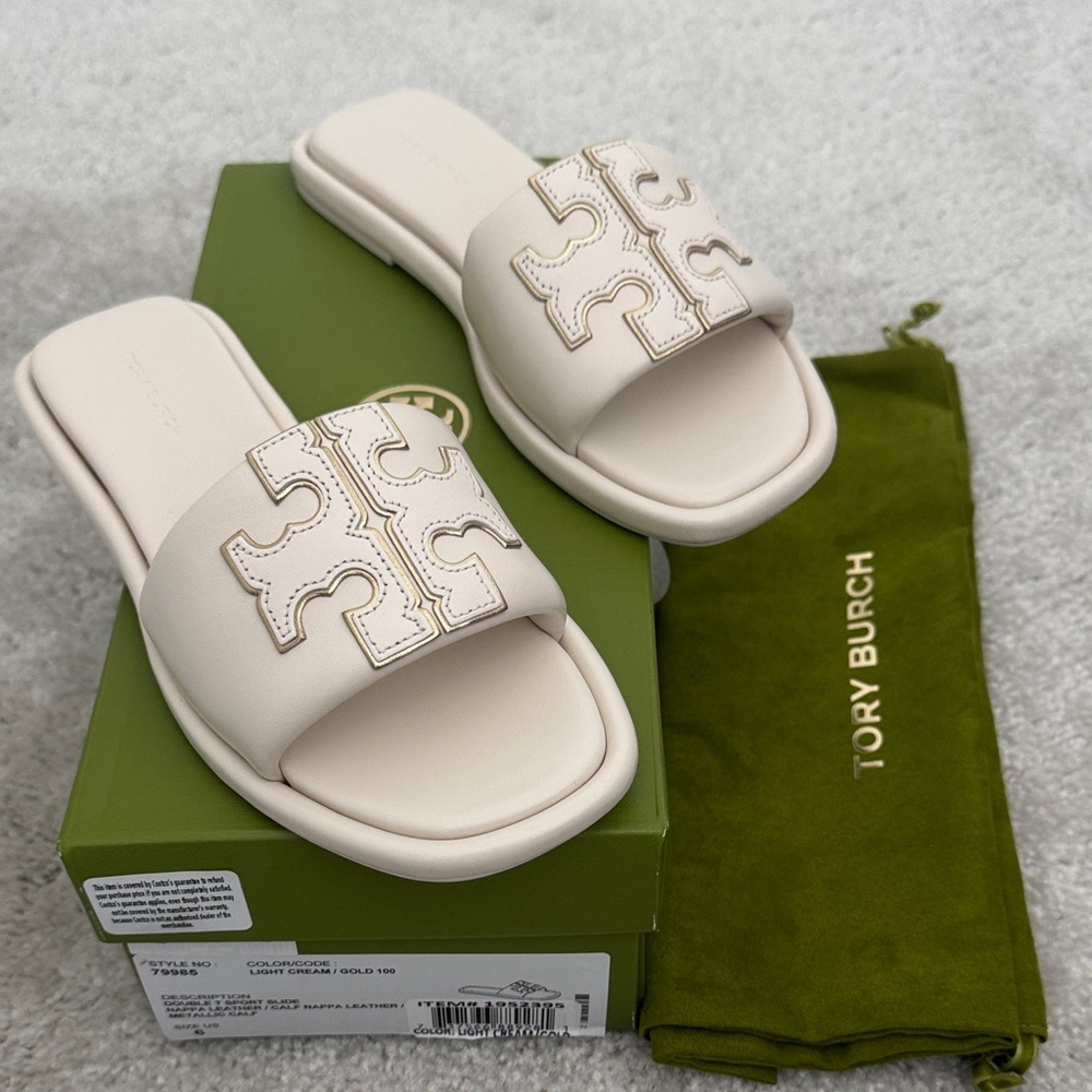 Tory Burch Double T Sport Slide, Light Cream/Gold, Size: 6, NWT
